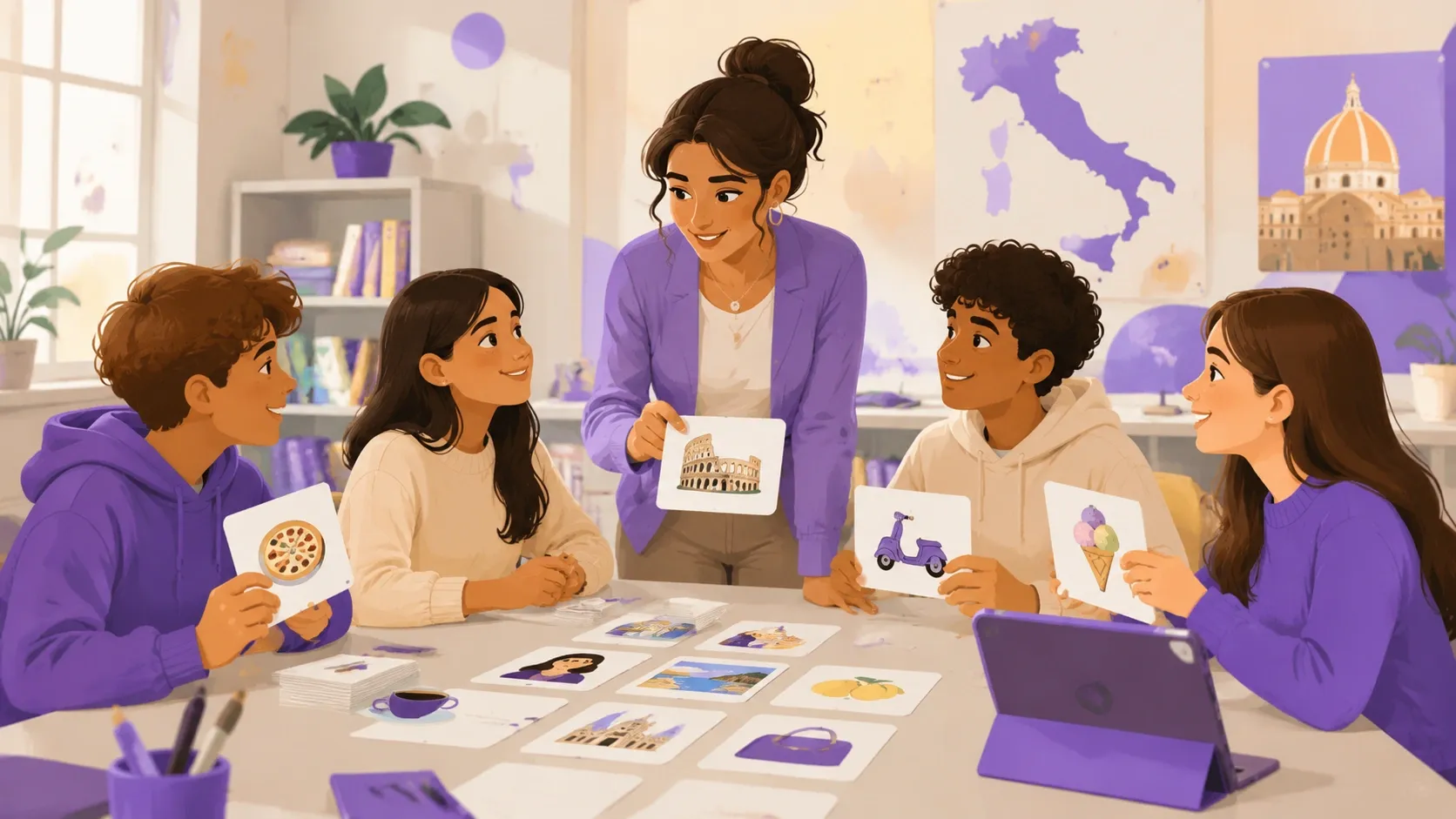 Piccolo gruppo di alunni stranieri lavora con schede illustrate nel laboratorio di italiano L2