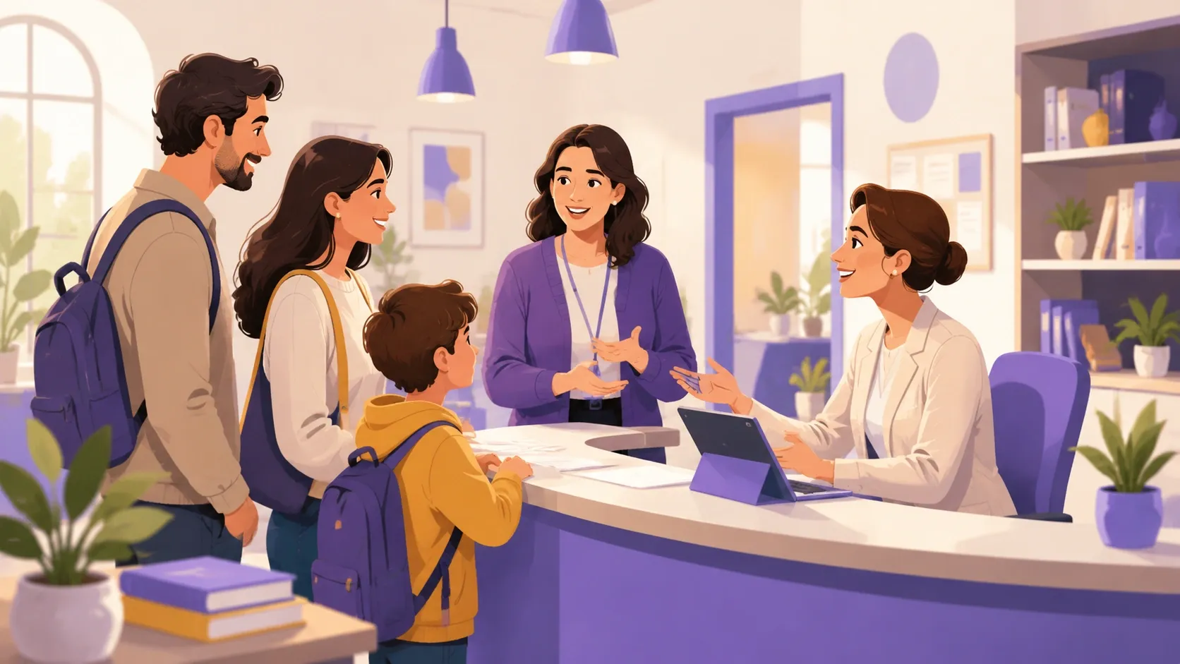 Segreteria scolastica accoglie una famiglia straniera per l'iscrizione con l'aiuto di un mediatore