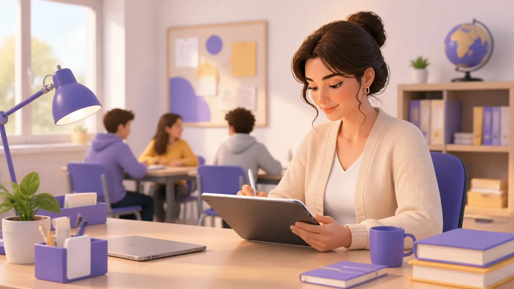 Docente annota su tablet gli obiettivi personalizzati di un alunno straniero neoarrivato