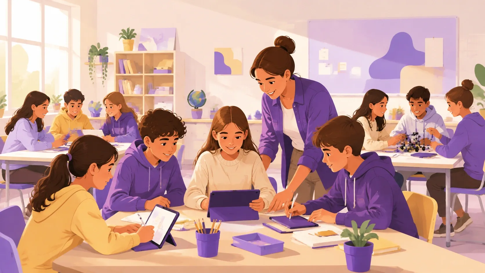 Piccoli gruppi di studenti lavorano su attività diverse dopo la formazione dei gruppi di livello