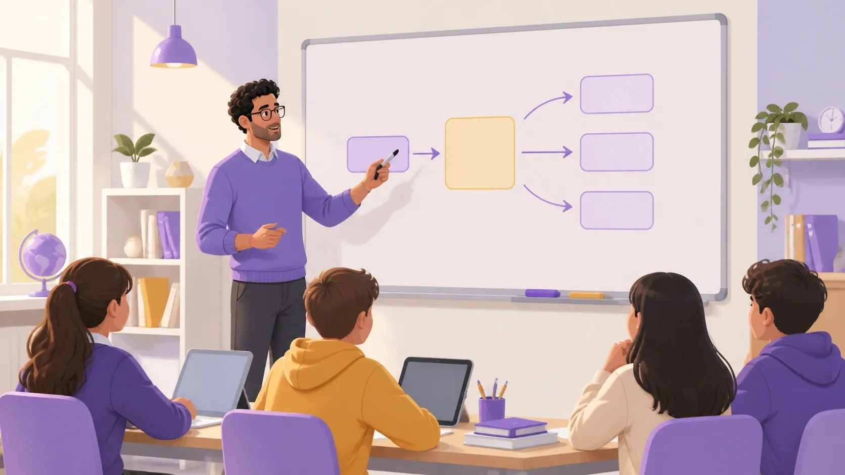 Docente collega alla lavagna i prerequisiti agli obiettivi della prima unità didattica dell'anno