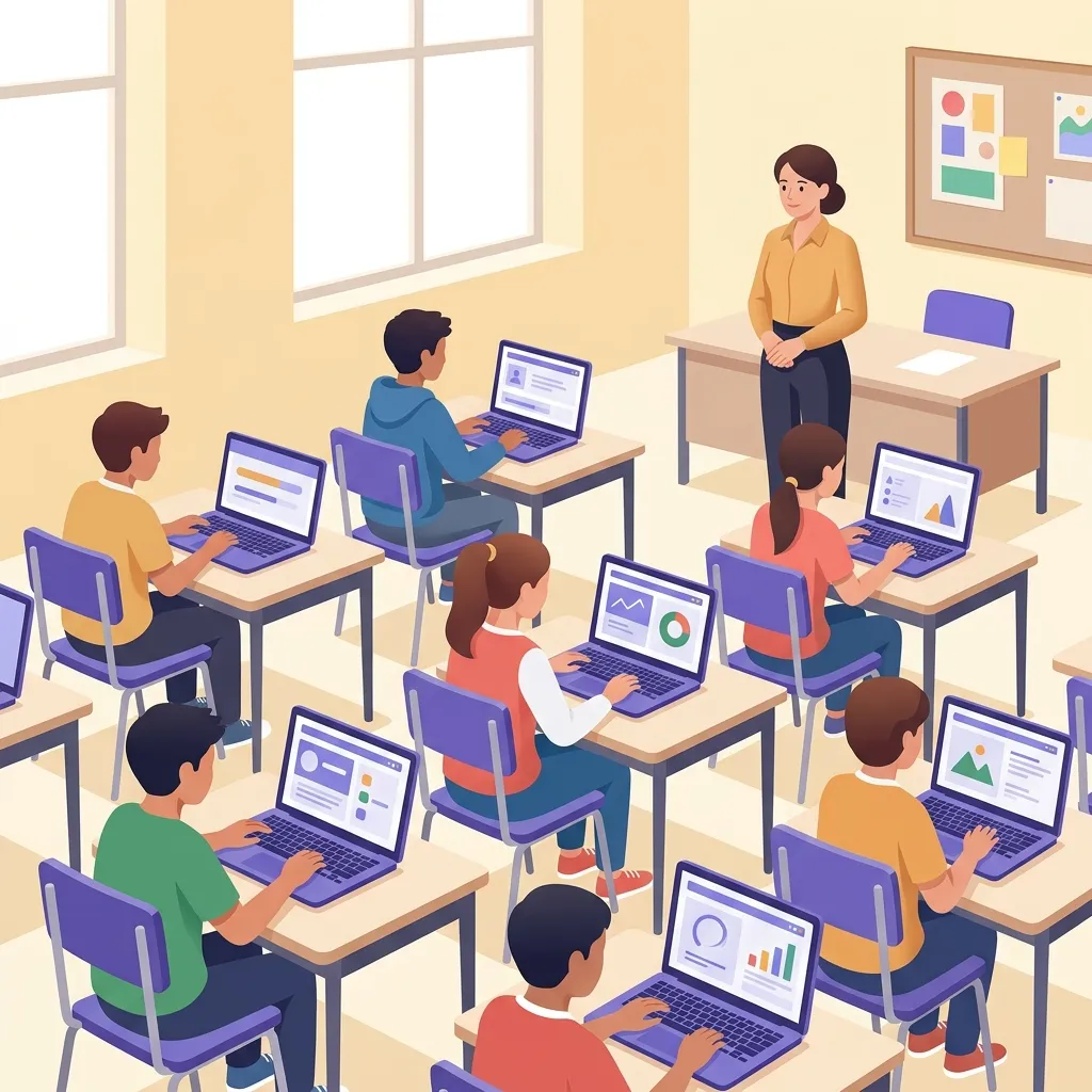 Aula scolastica italiana durante somministrazione prove INVALSI con studenti su laptop computer based