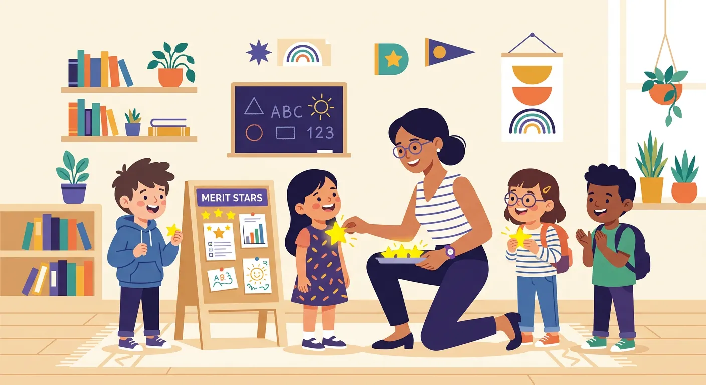 Sistema di punti merito in classe con studenti motivati e docente che assegna riconoscimenti