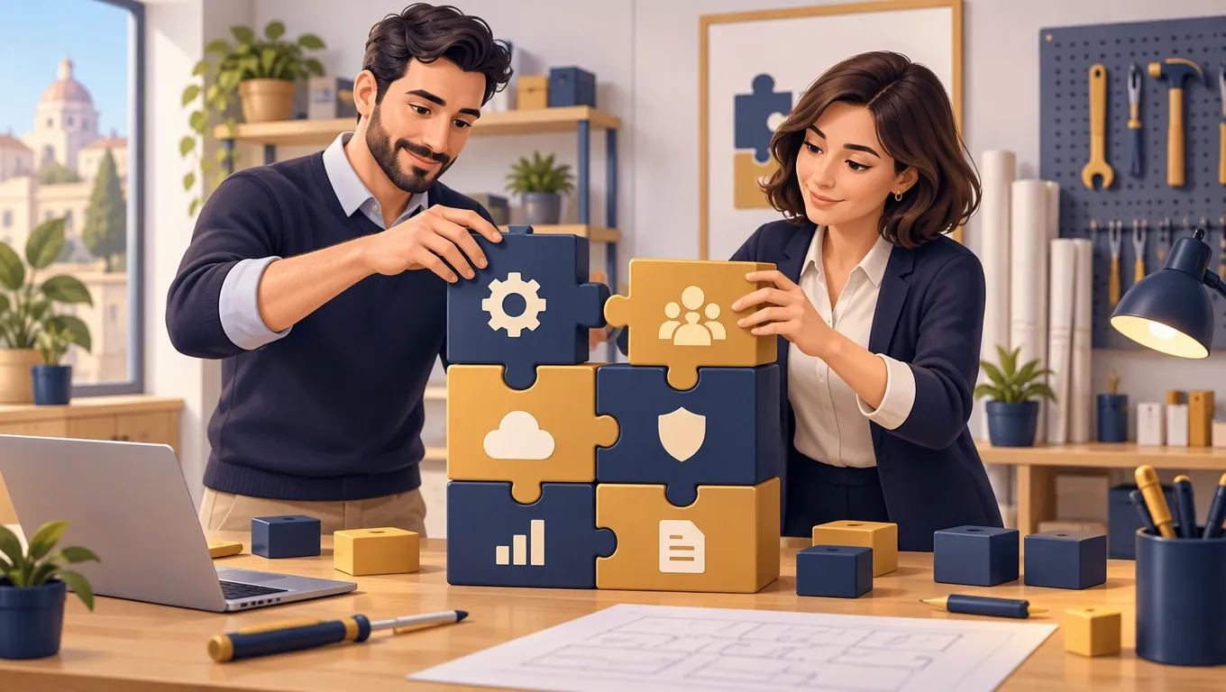 Blocchi modulari già costruiti vengono assemblati su un tavolo da lavoro per formare un gestionale su misura
