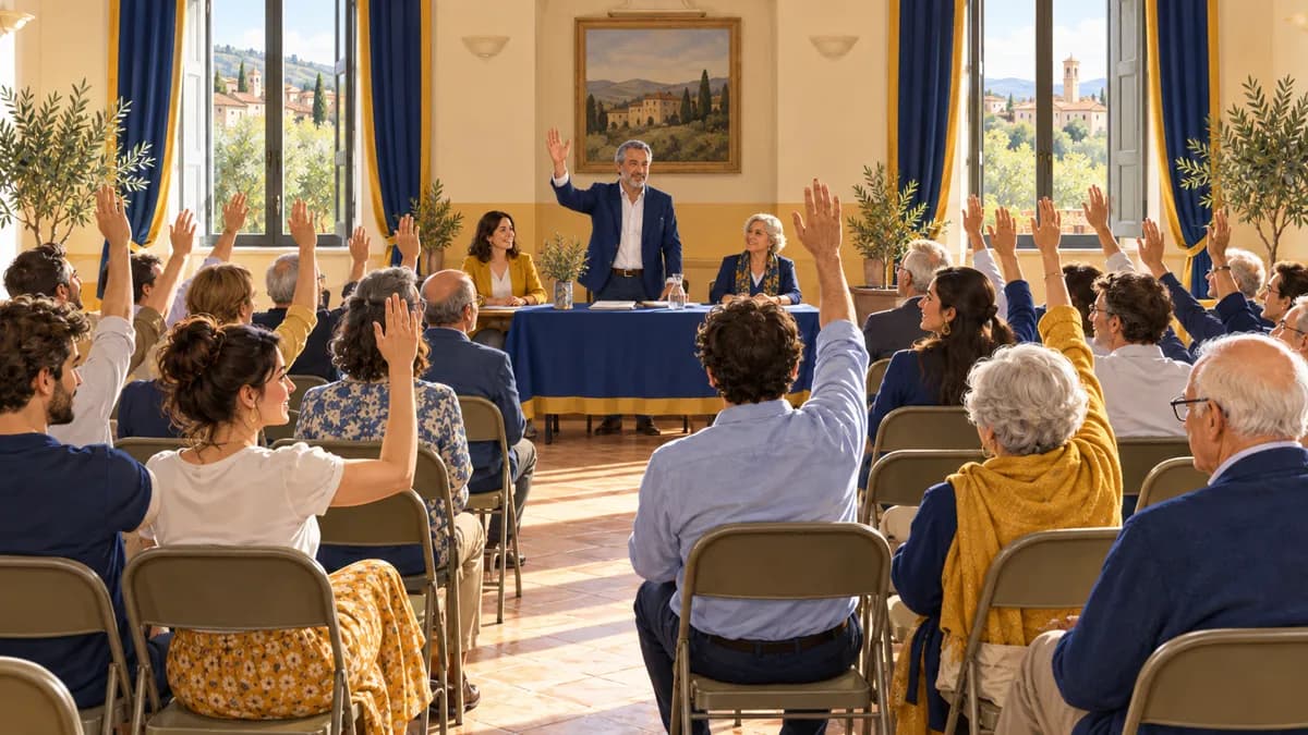 Assemblea annuale dei soci di un'associazione in una sala con soci che alzano la mano per votare