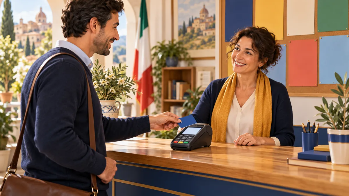 Nuovo socio paga la quota associativa annuale con carta al banco della segreteria di un'associazione