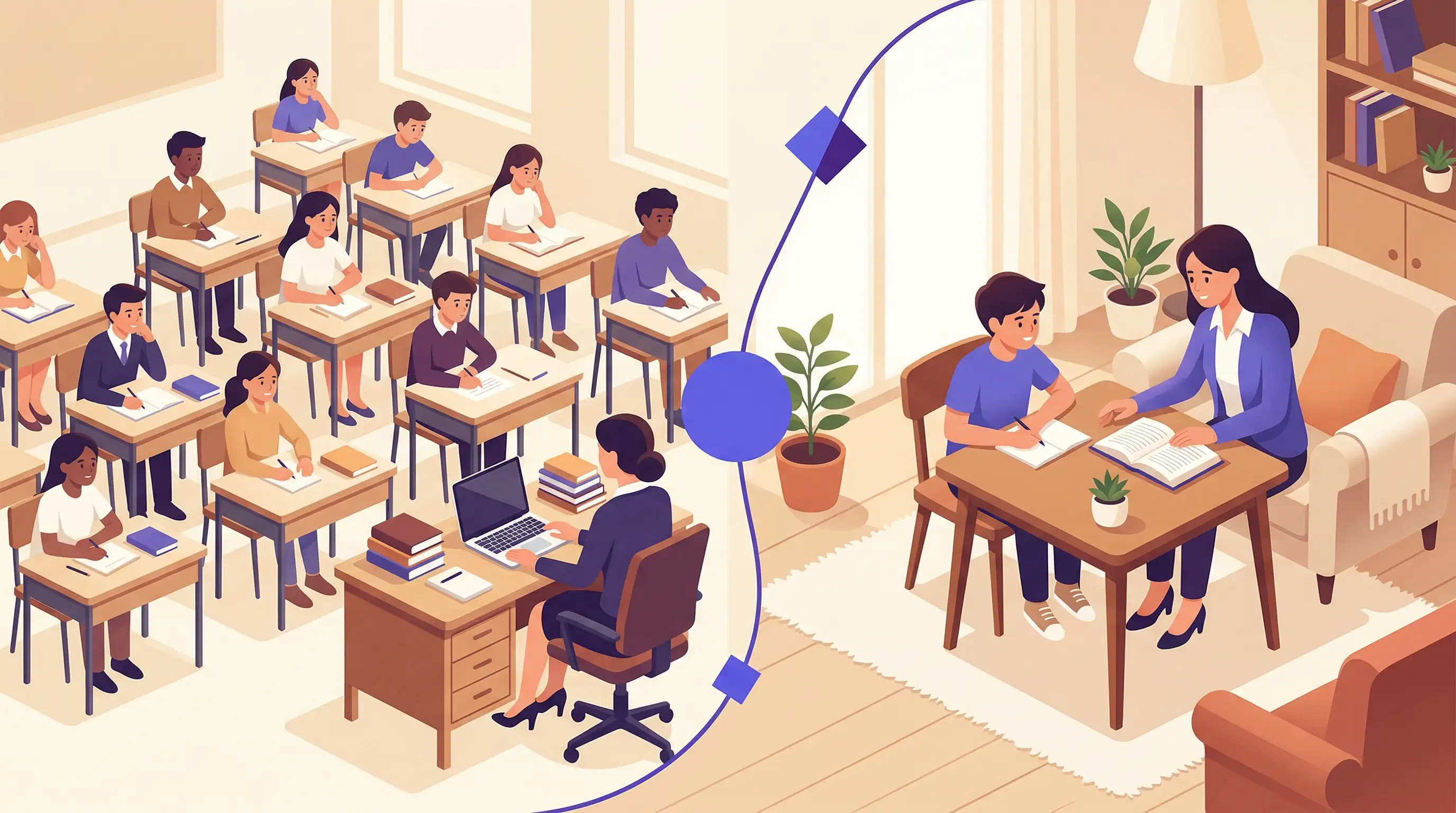 Illustrazione che confronta le esigenze di un docente scolastico con quelle di un tutor privato nella gestione degli studenti