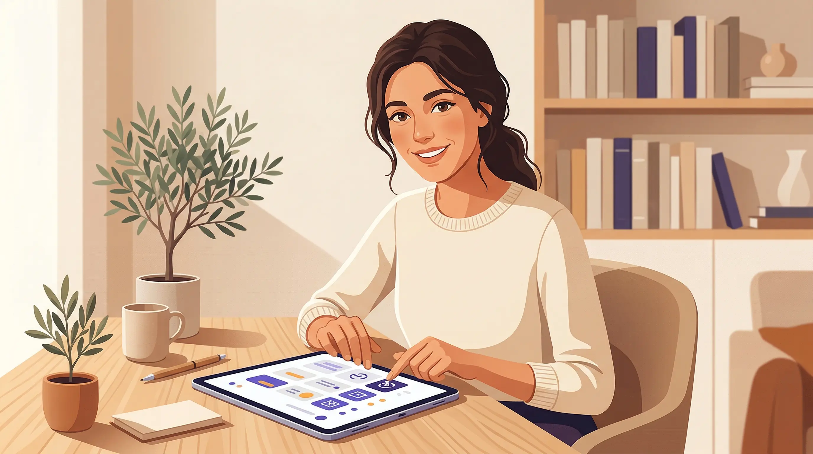 Illustrazione di un docente privato che organizza le lezioni con un registro digitale su tablet