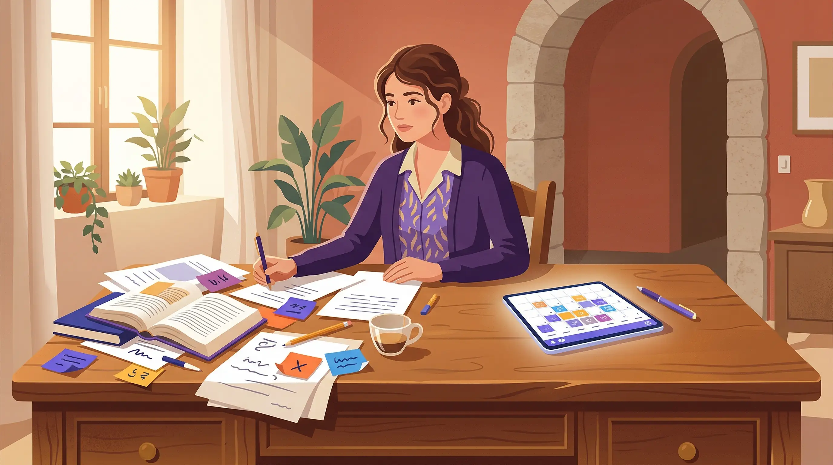 Docente privato che organizza le lezioni degli studenti con appunti e calendario su tablet in ambiente domestico