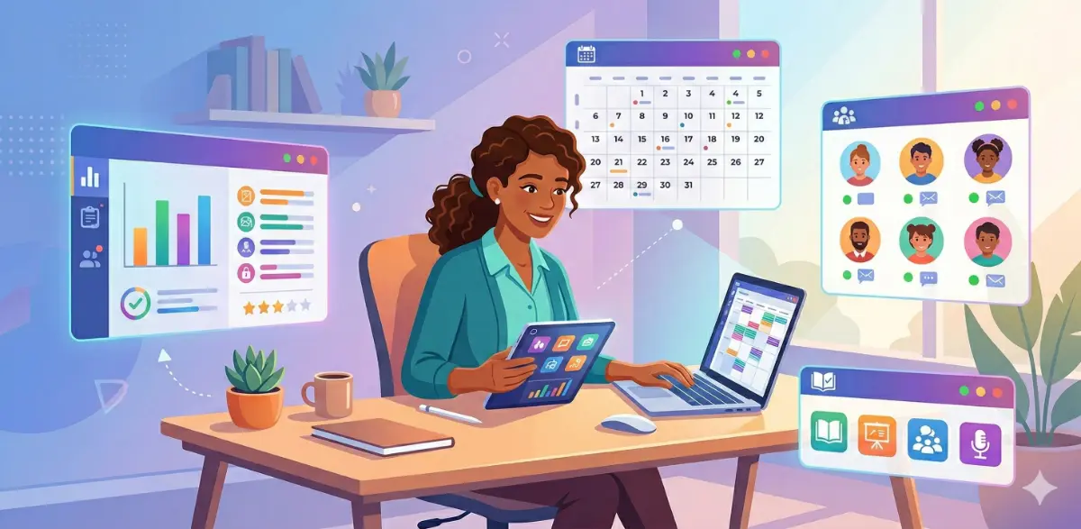 Docente che consulta un registro elettronico su tablet in classe