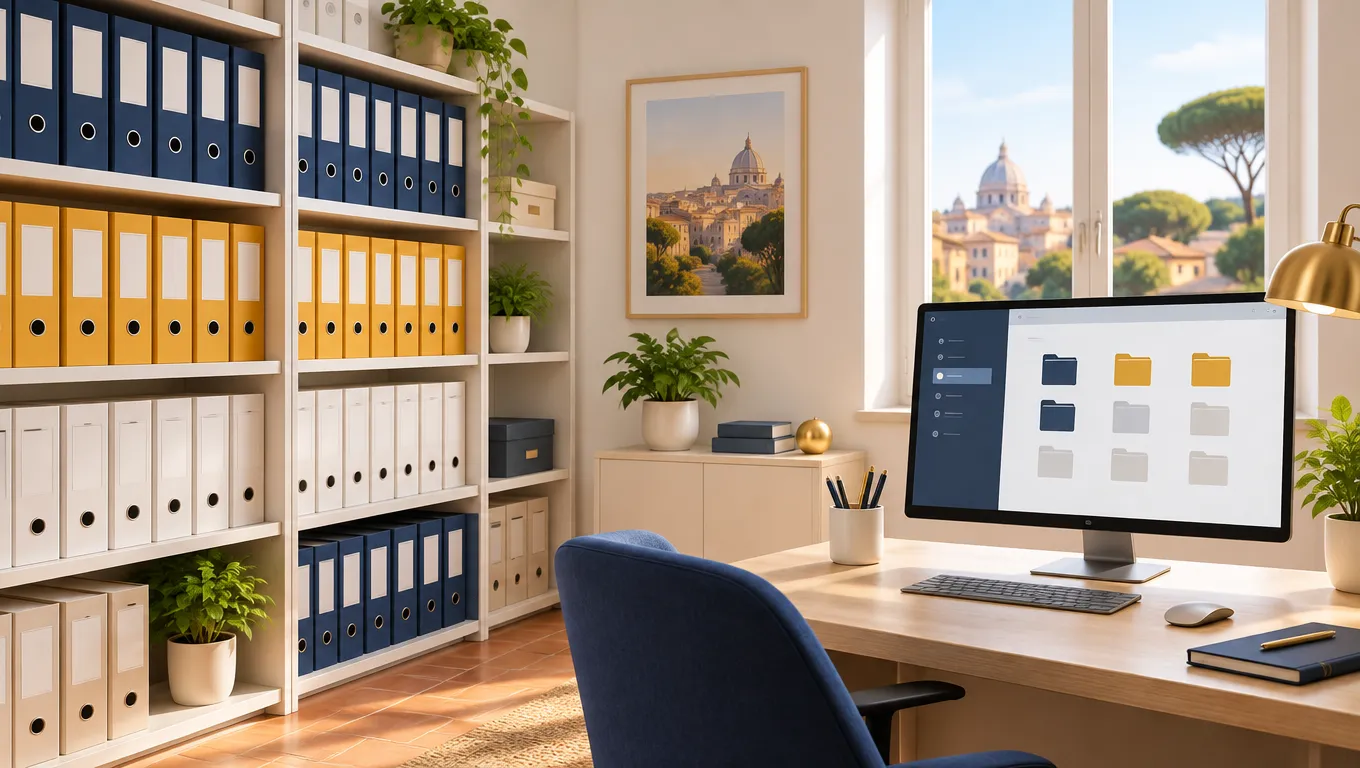Archivio ordinato di un ente di formazione con faldoni dei corsi accanto a un monitor con il fascicolo digitale del corso