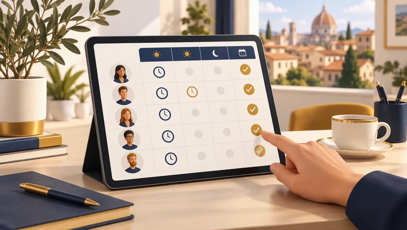Tablet con un registro presenze digitale diviso in colonne per orari, docente, argomenti e partecipanti di un corso