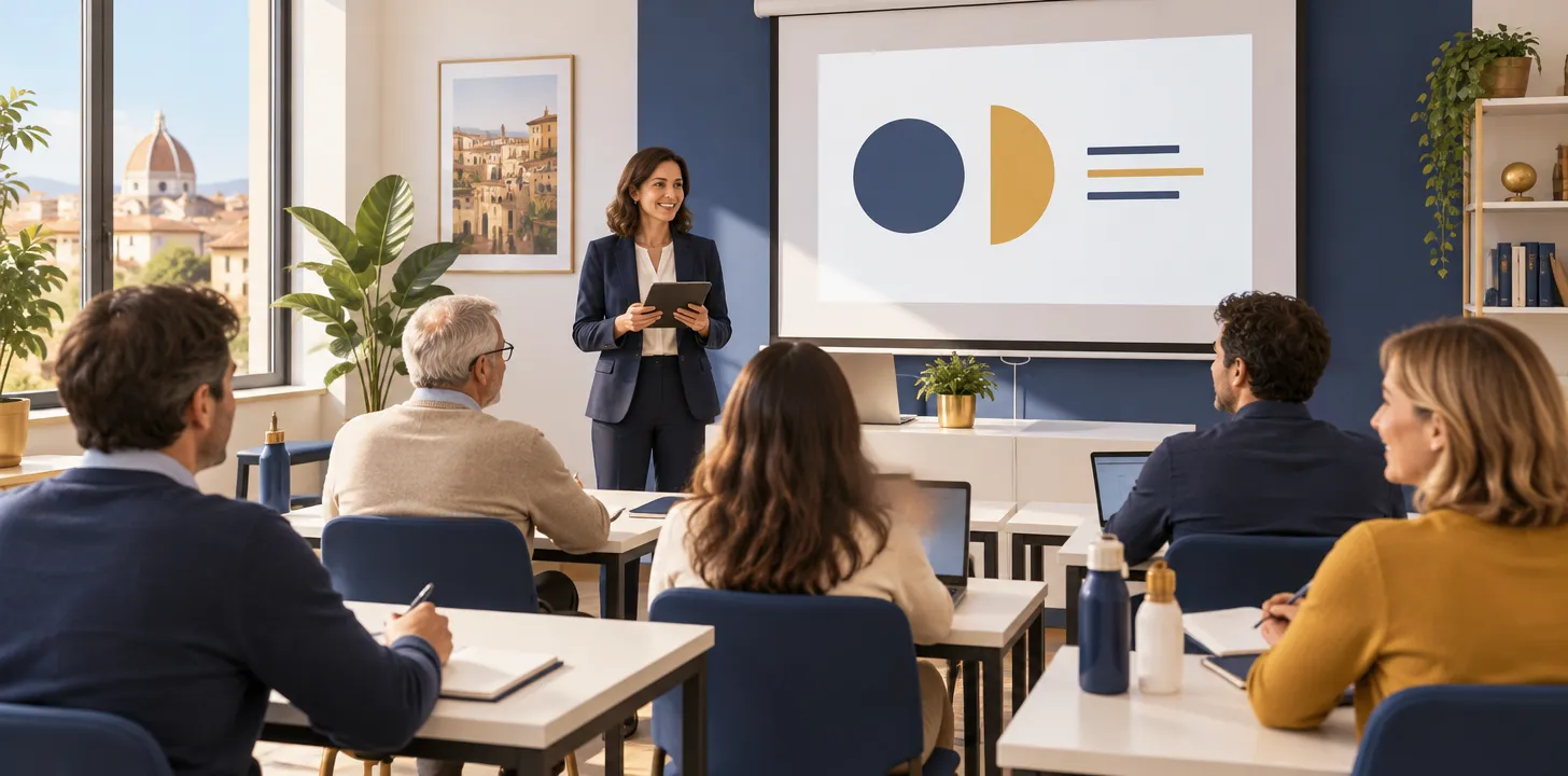 Aula di un corso di formazione per adulti con la docente che registra le presenze dei partecipanti sul tablet