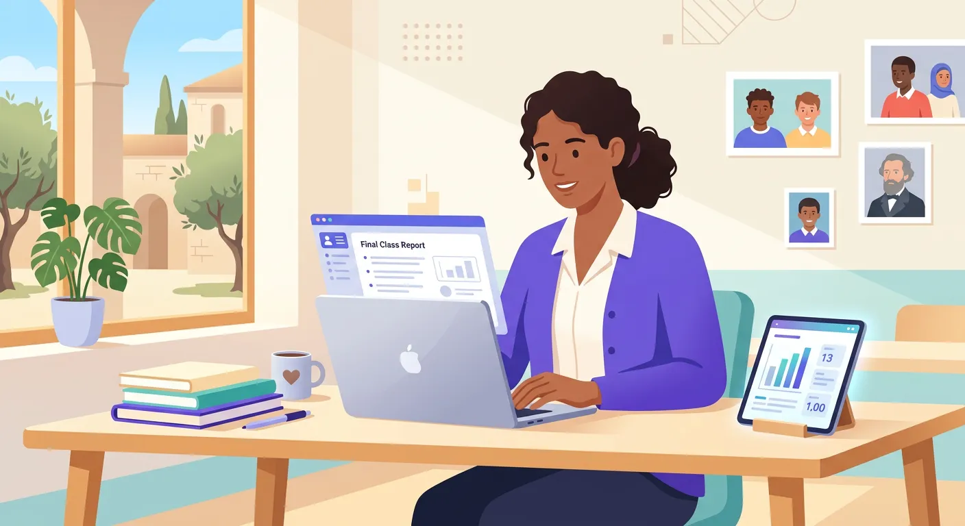 Docente che compila la relazione finale di classe con appunti e registro digitale