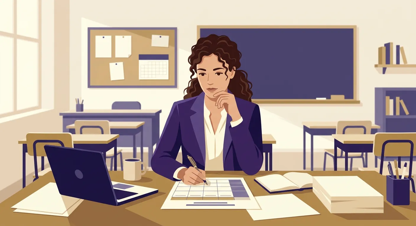 Docente che identifica criteri di valutazione per rubrica durante pianificazione didattica