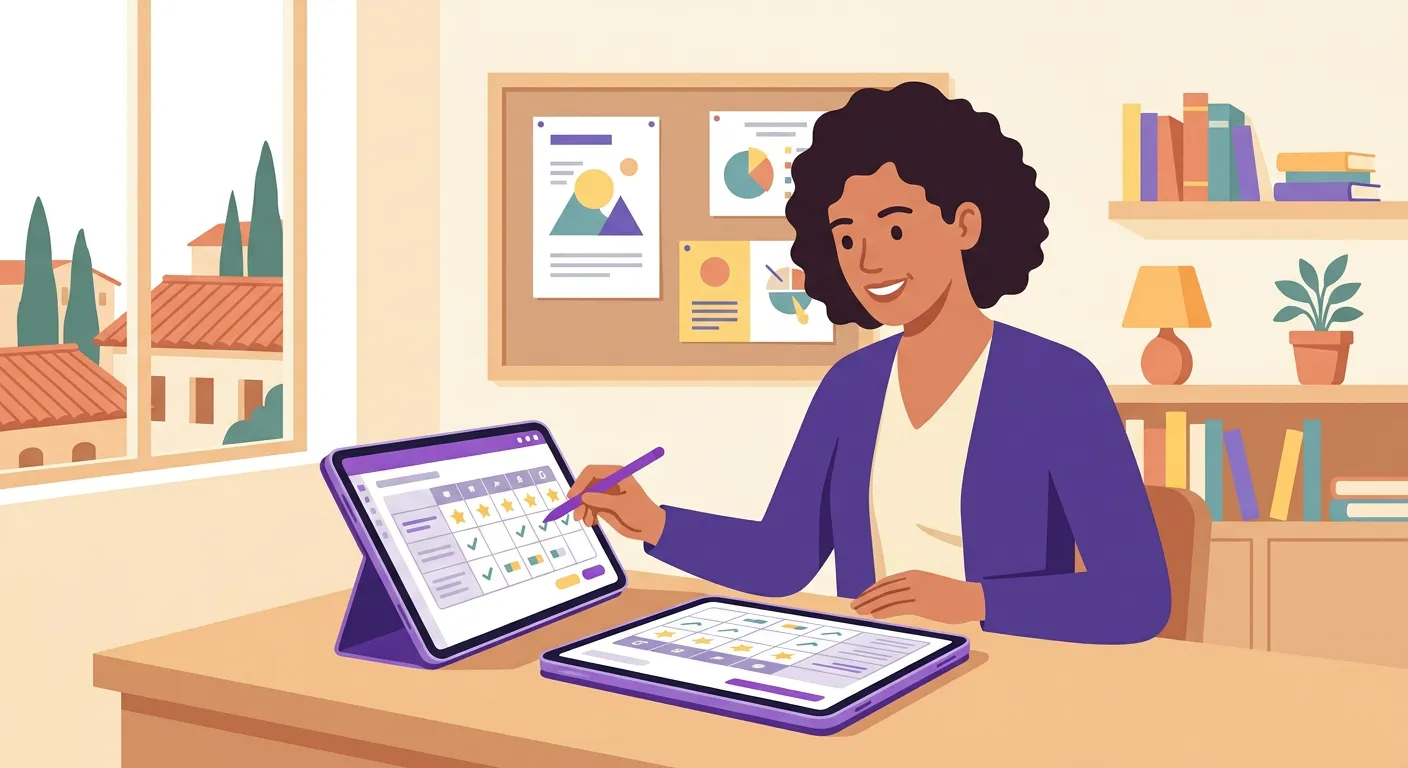 Docente che crea una rubrica di valutazione digitale su tablet con indicatori e descrittori chiari