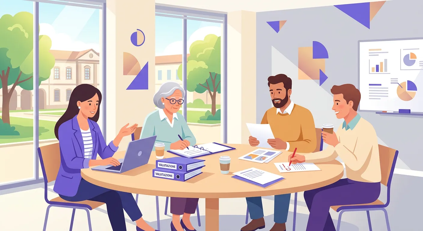 Docenti riuniti in consiglio di classe durante lo scrutinio finale con registro e documenti