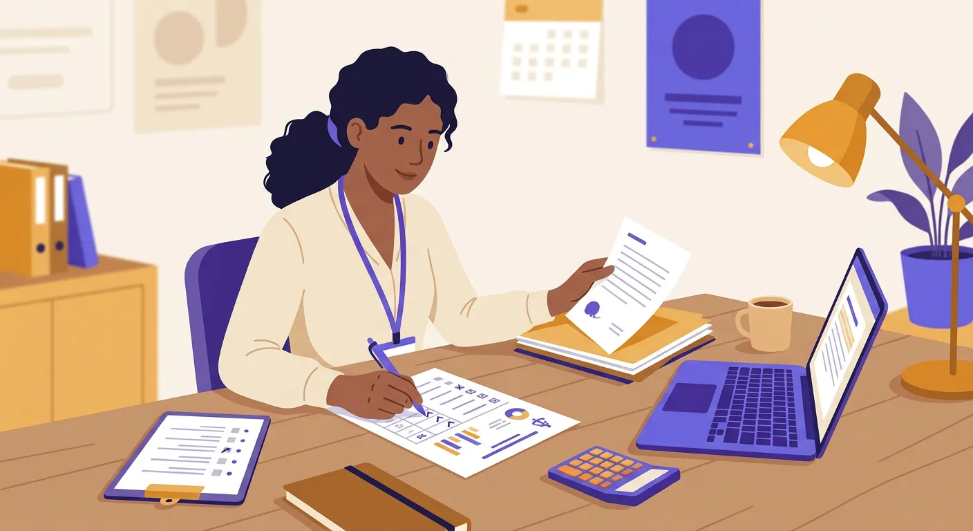 Docente che prepara i documenti e controlla il registro prima dello scrutinio finale