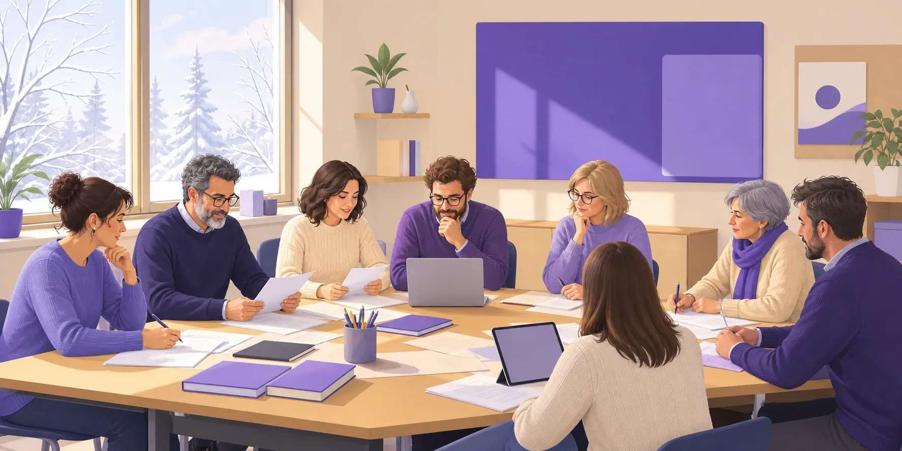 Consiglio di classe riunito per lo scrutinio del primo quadrimestre attorno al tavolo in aula