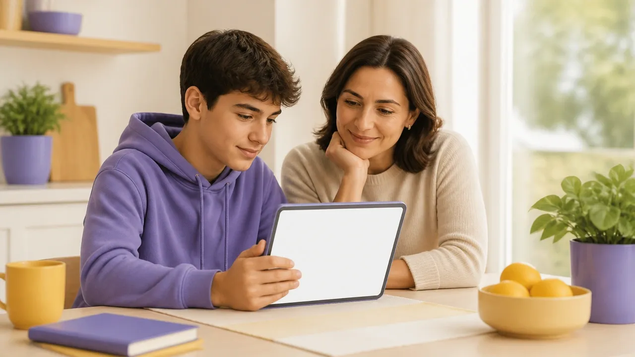 Genitore e studente guardano il pagellino del primo quadrimestre sul tablet a casa