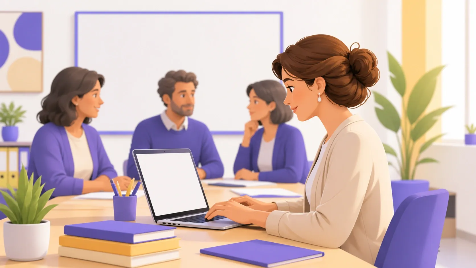 Docente segretario redige il verbale dello scrutinio intermedio al computer durante la riunione