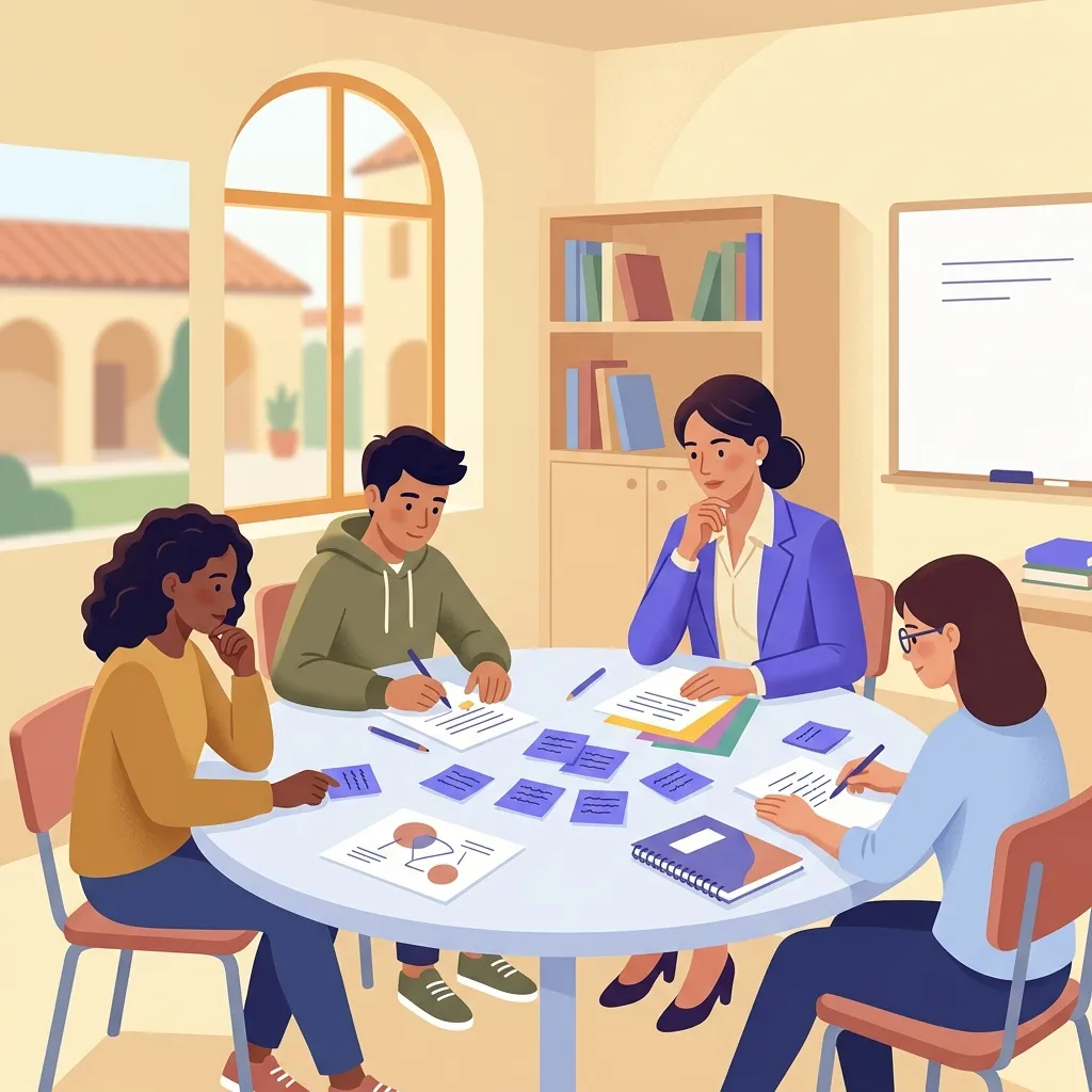 Docente e studenti analizzano errori progetto service learning seduti in classe con post-it