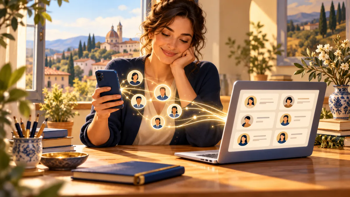 Insegnante sposta i contatti delle famiglie dal telefono a un'agenda personale ordinata sul laptop
