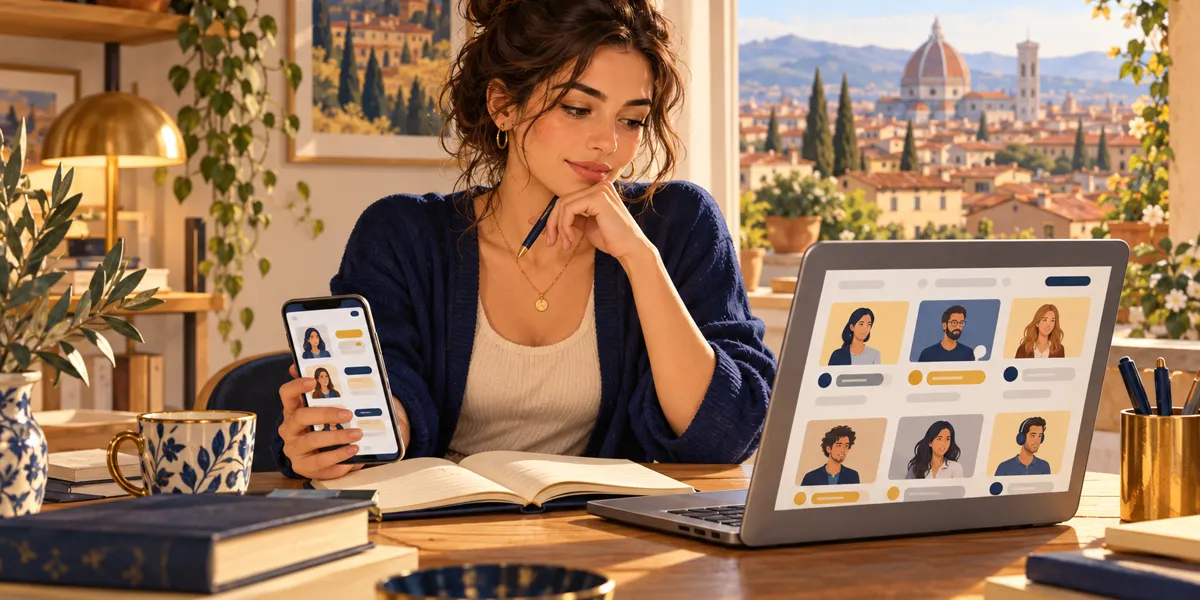 Giovane insegnante confronta sul laptop e sul telefono i siti per dare ripetizioni prima di scegliere