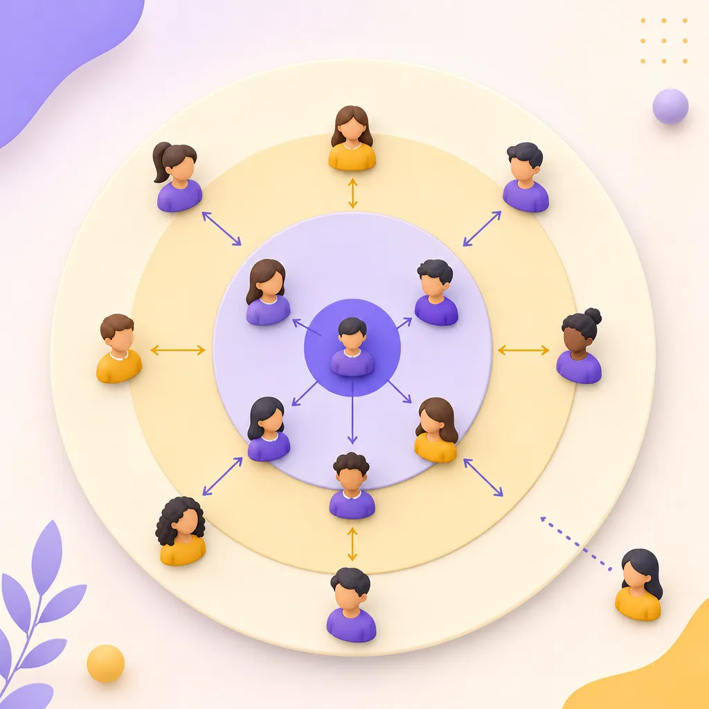 Diagramma a cerchi concentrici a bersaglio con icone di alunni al centro nelle fasce intermedie e uno isolato all'esterno