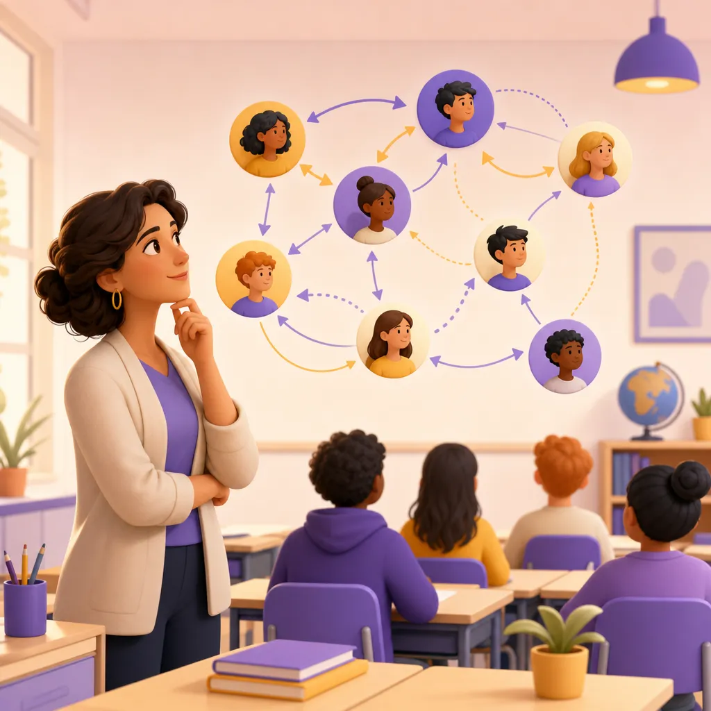Insegnante che osserva un diagramma di alunni collegati da frecce, la mappa delle relazioni del gruppo classe