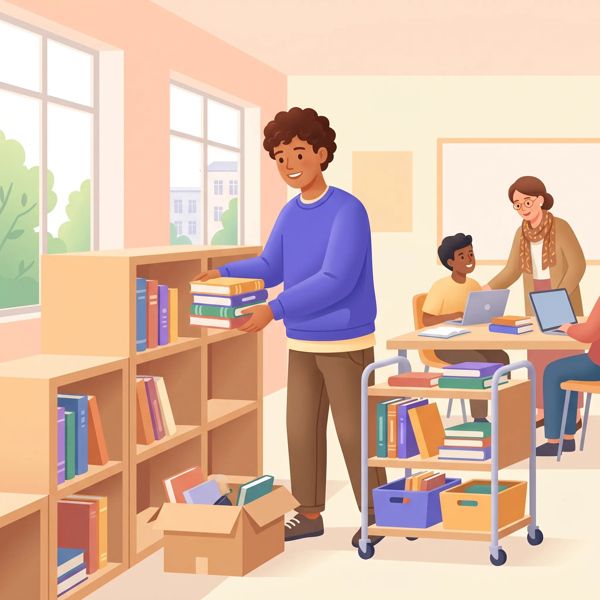 Studente che svolge attività utili a scuola riordinando i libri della biblioteca durante la sospensione