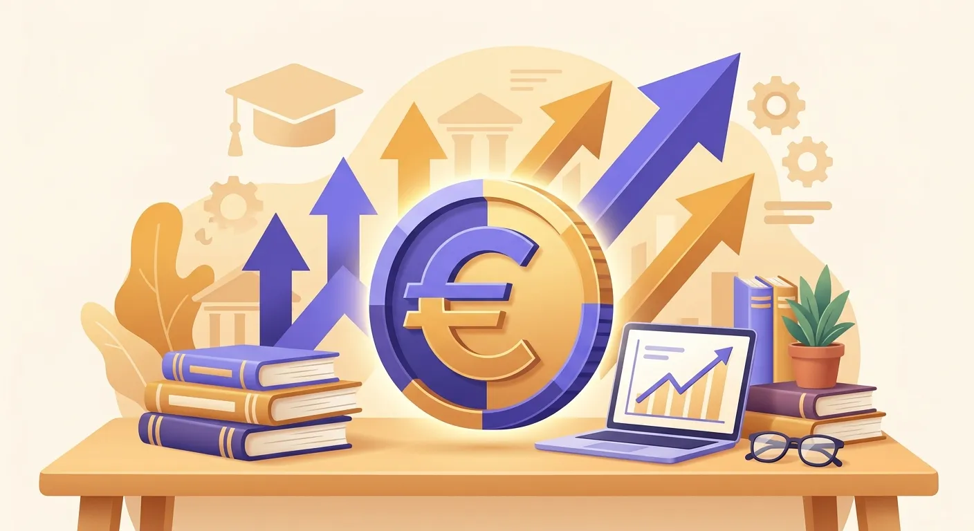Grafico aumenti stipendio docenti 2026 con frecce in salita e simbolo euro su scrivania di insegnante italiana