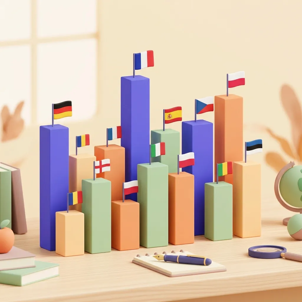 Confronto stipendio docenti italiani europei con grafico bandiere e euro su tavolo di un istituto scolastico