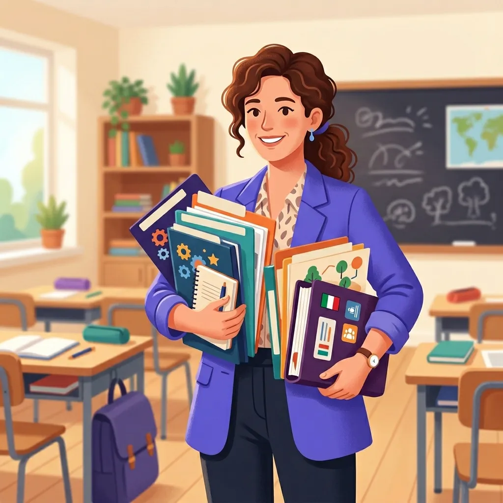 Docente italiana referente di funzione strumentale con appunti in aula scolastica e materiali di progetto