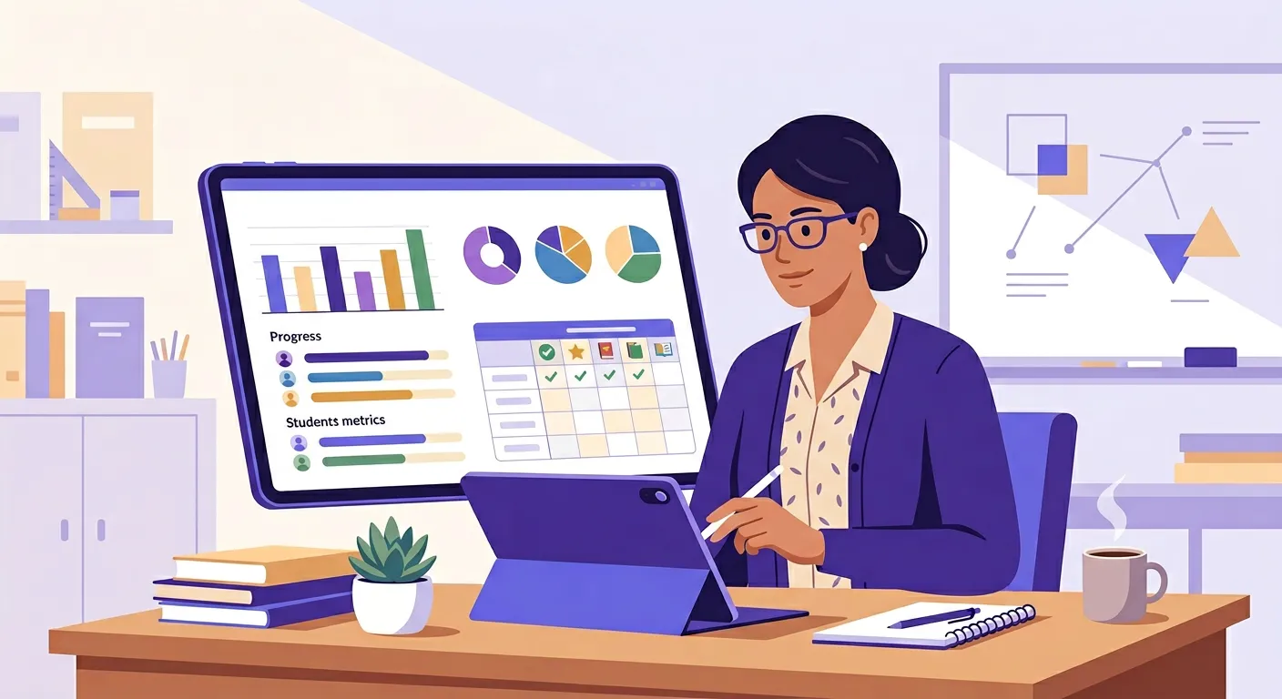 Docente che registra voti e valutazioni su un tablet con strumenti digitali