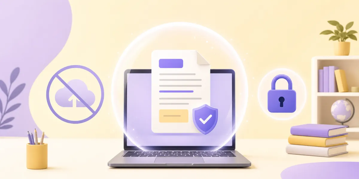 Documento PDF dentro una bolla protettiva sul laptop, con simbolo di caricamento cloud barrato