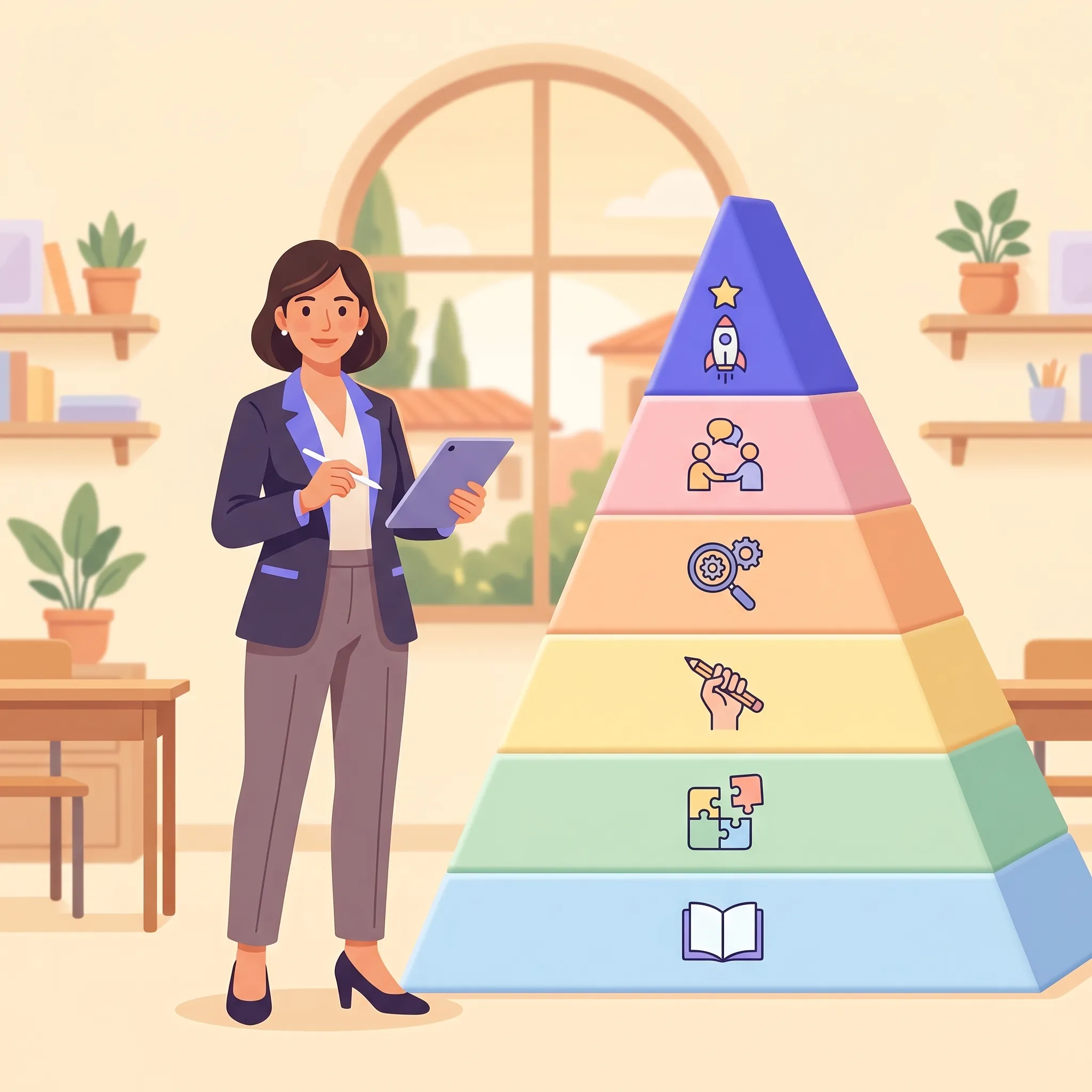 Piramide a sei livelli della tassonomia di Bloom illustrata con un docente che progetta obiettivi di apprendimento