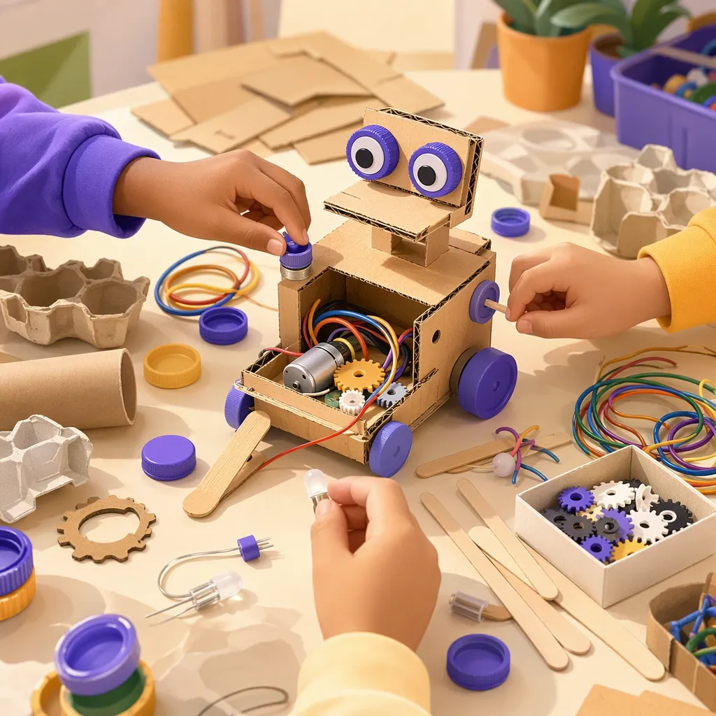 Tavolo pieno di materiali di recupero come cartone, tappi, fili colorati e ingranaggi con mani di bambini che assemblano una costruzione creativa