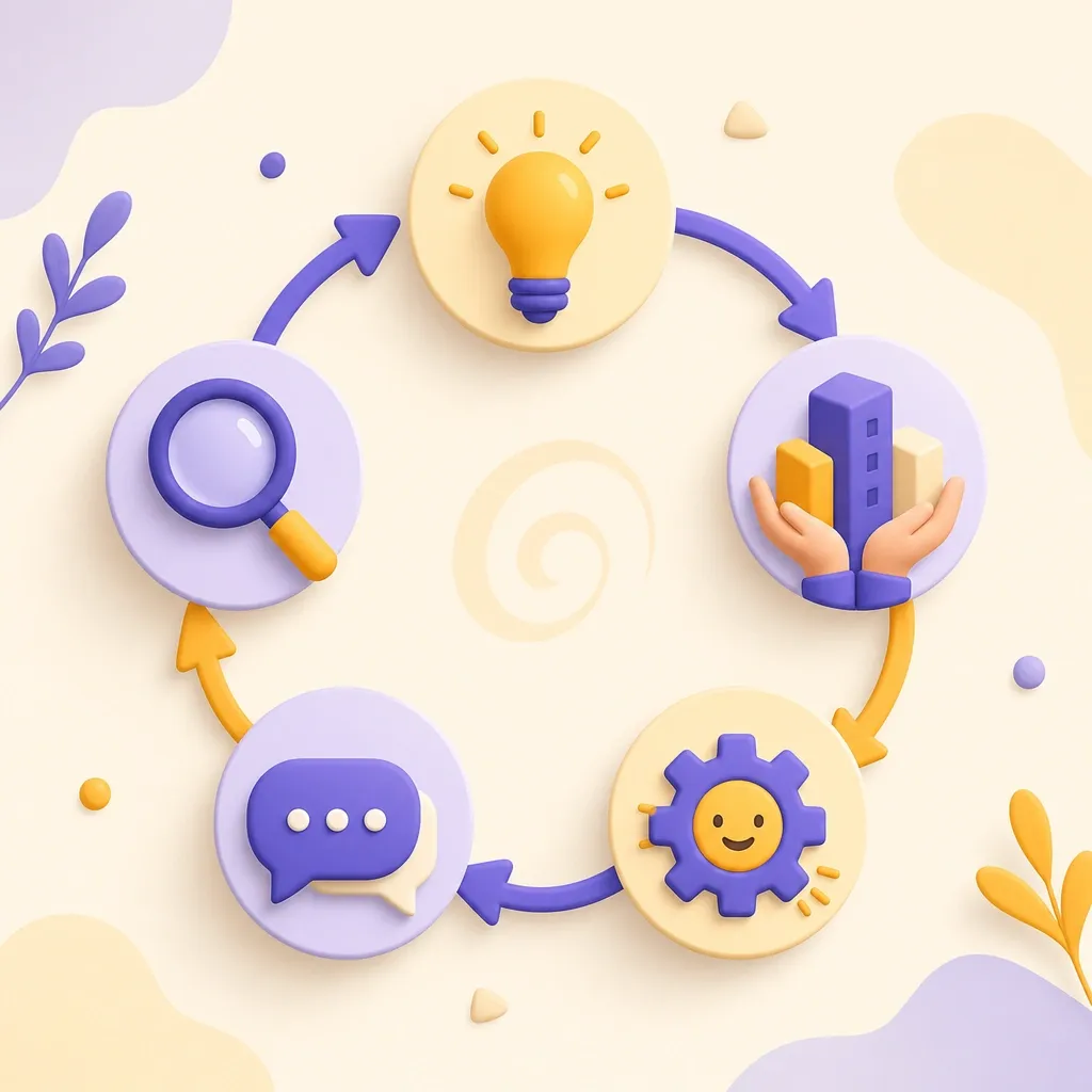 Diagramma a spirale con cinque icone collegate da frecce che rappresentano immaginare, creare, giocare, condividere e riflettere