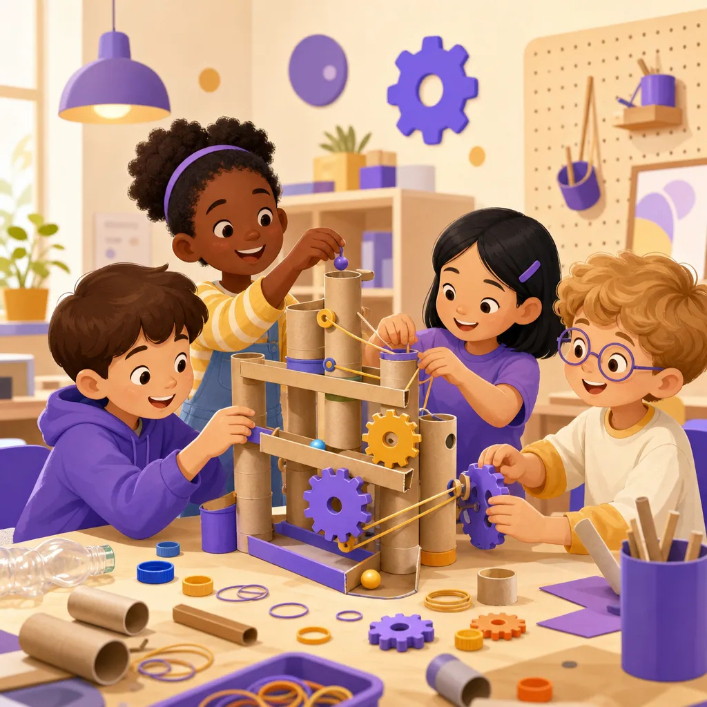 Bambini che costruiscono un percorso per biglie con tubi di cartone e ingranaggi di recupero in un'attività di tinkering STEAM