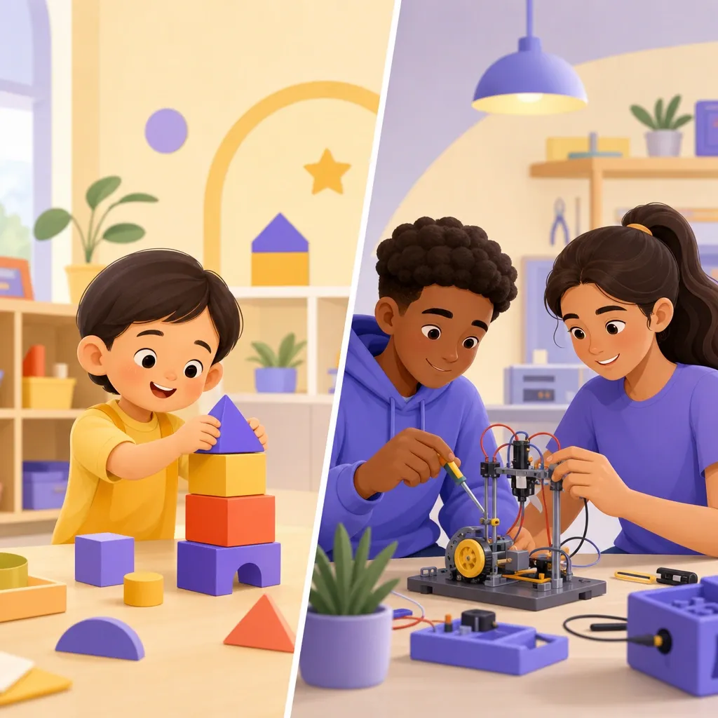 Bambini di età diverse impegnati in attività di making, dai più piccoli che impilano forme colorate ai più grandi che costruiscono un circuito