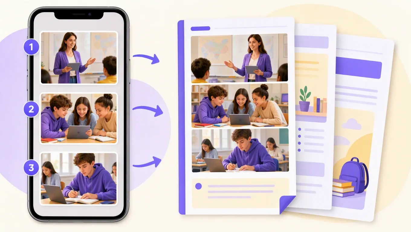 Schermata di conversione di più foto in un unico documento PDF dal browser del telefono
