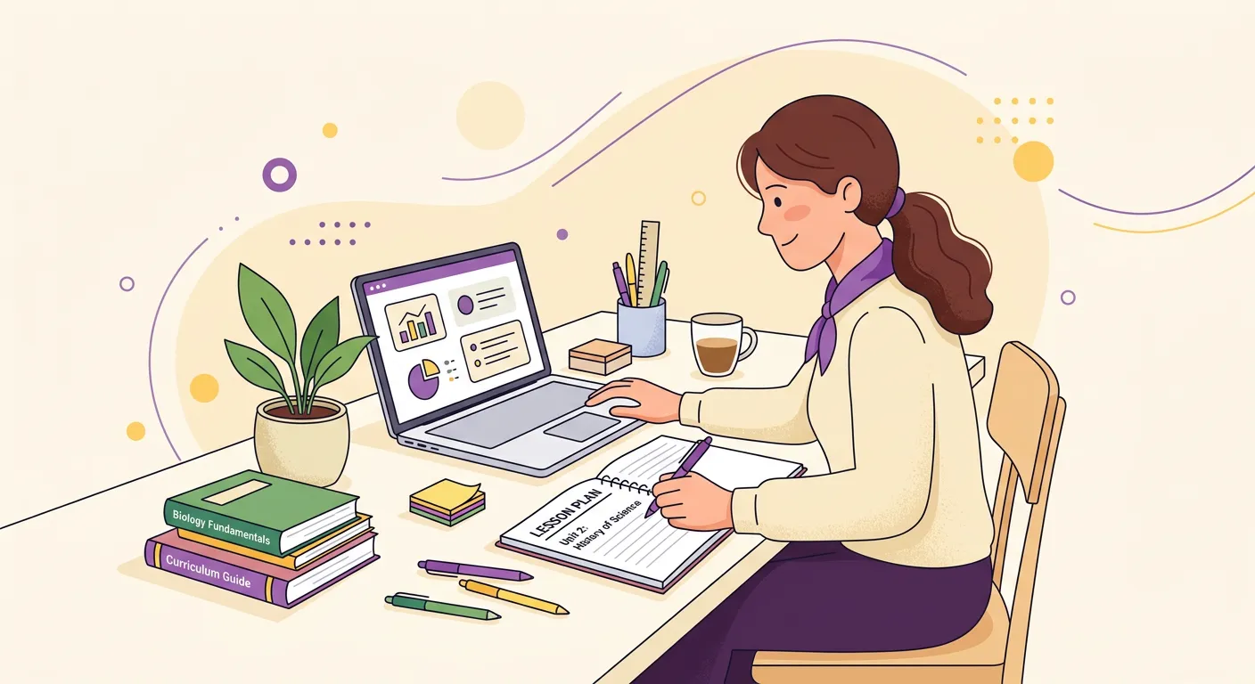 Docente che progetta un'unità didattica di apprendimento con schema e materiali didattici