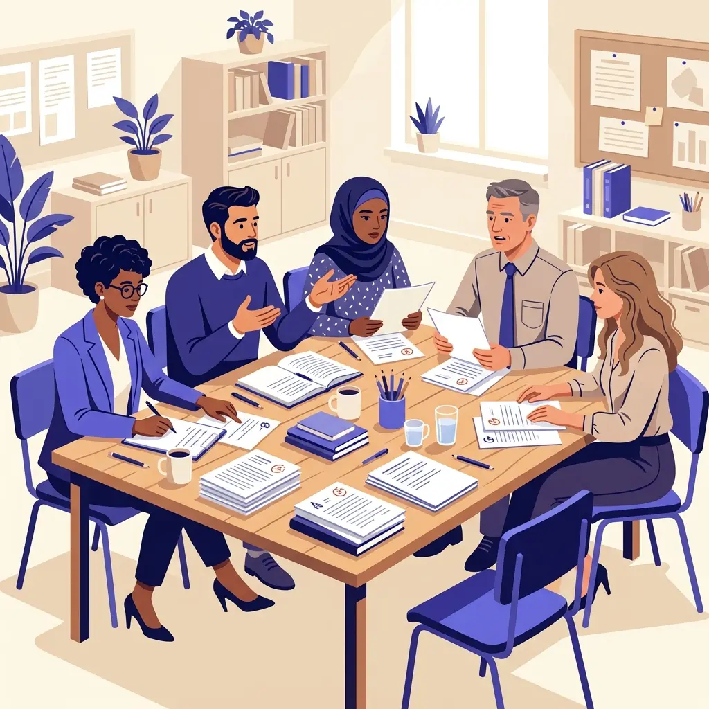 Docenti durante lo scrutinio finale che compilano il verbale con voti e delibere per ogni studente