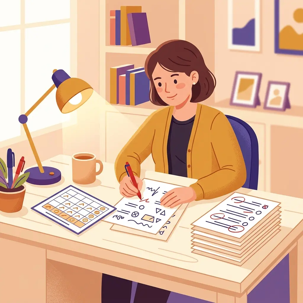 Docente che corregge verifiche sommative con griglia di valutazione e punteggi chiari