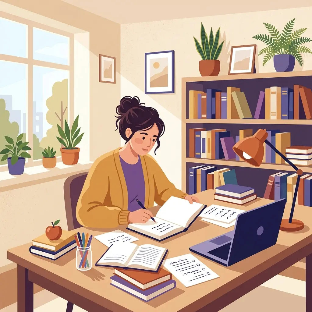 Docente che progetta una verifica sommativa alla scrivania con fogli e appunti