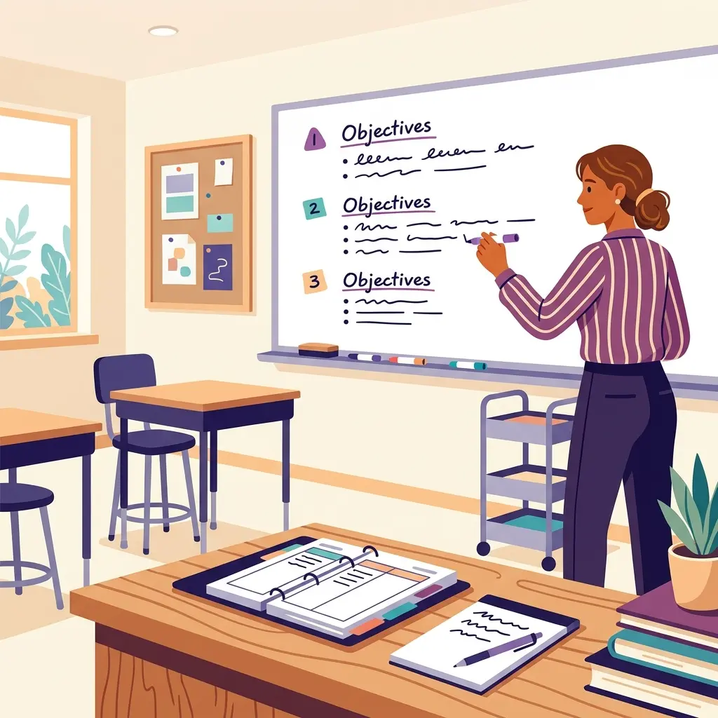 Docente alla scrivania che progetta una verifica sommativa con obiettivi e criteri di valutazione