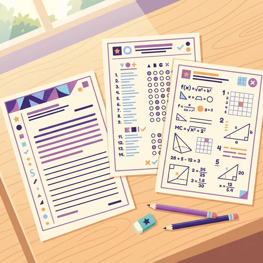 Diversi tipi di prove sommative su una scrivania: test a risposta multipla, tema e prova pratica