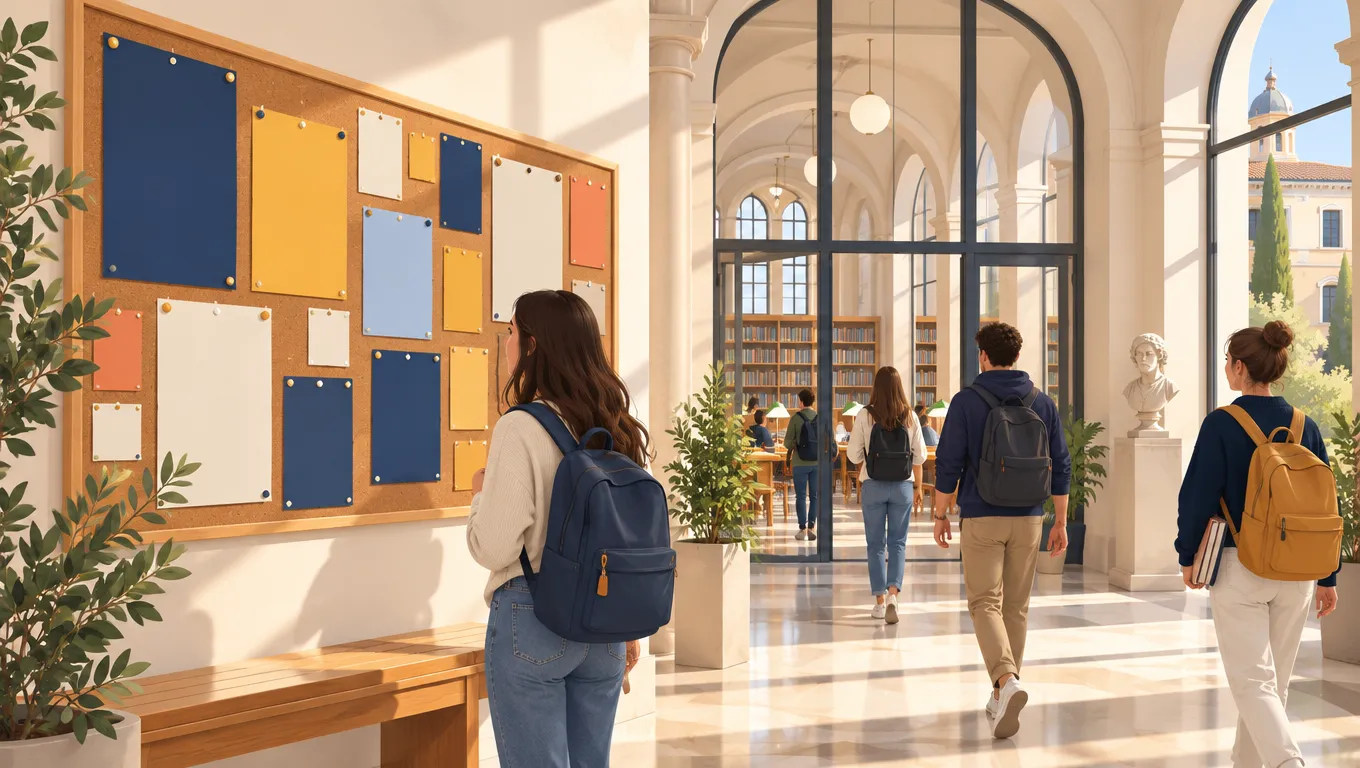Bacheca di sughero con volantini colorati nell'atrio di una biblioteca universitaria con studenti