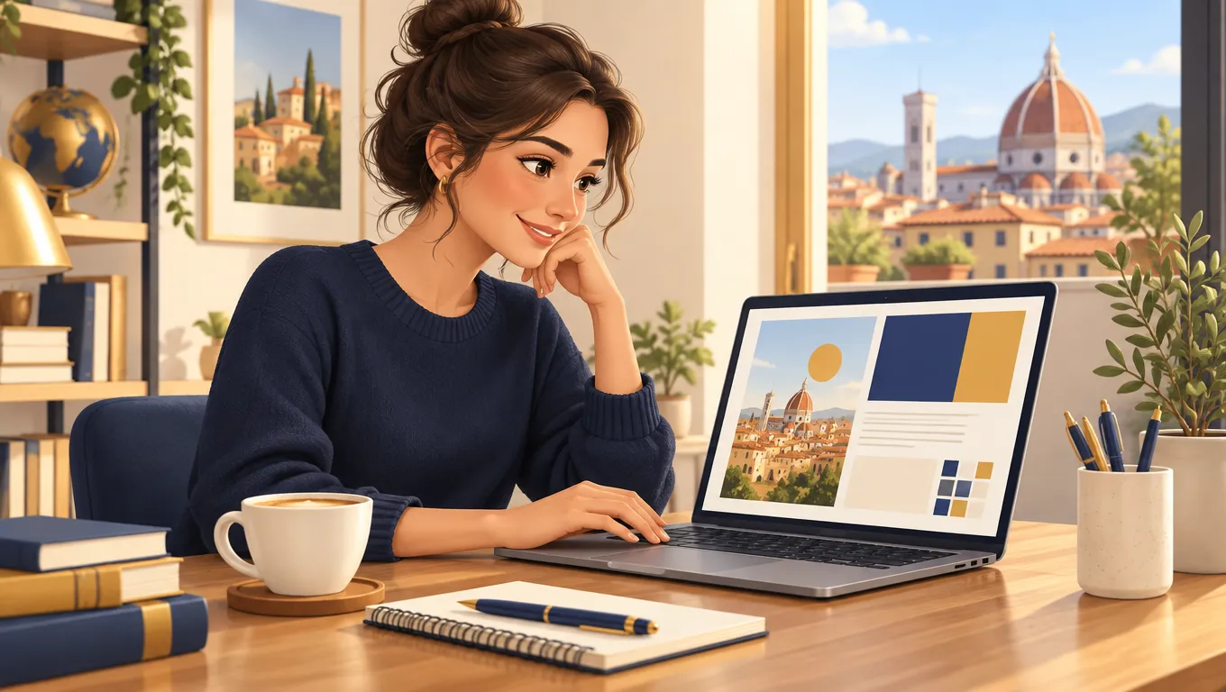 Giovane docente progetta un volantino ripetizioni al laptop sulla scrivania con quaderno e caffè